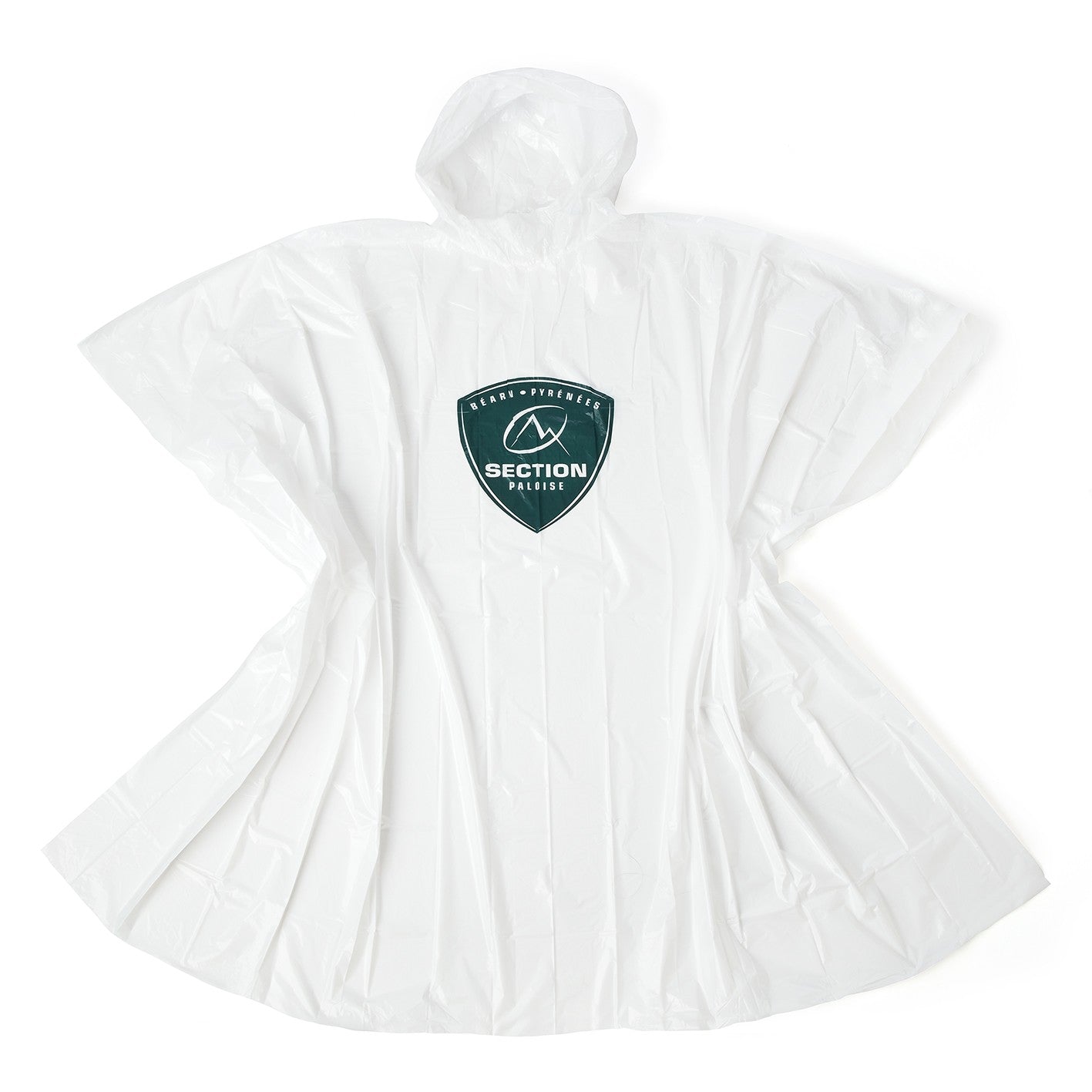 Vue rapprochée du logo Section Paloise sur le poncho transparent de pluie