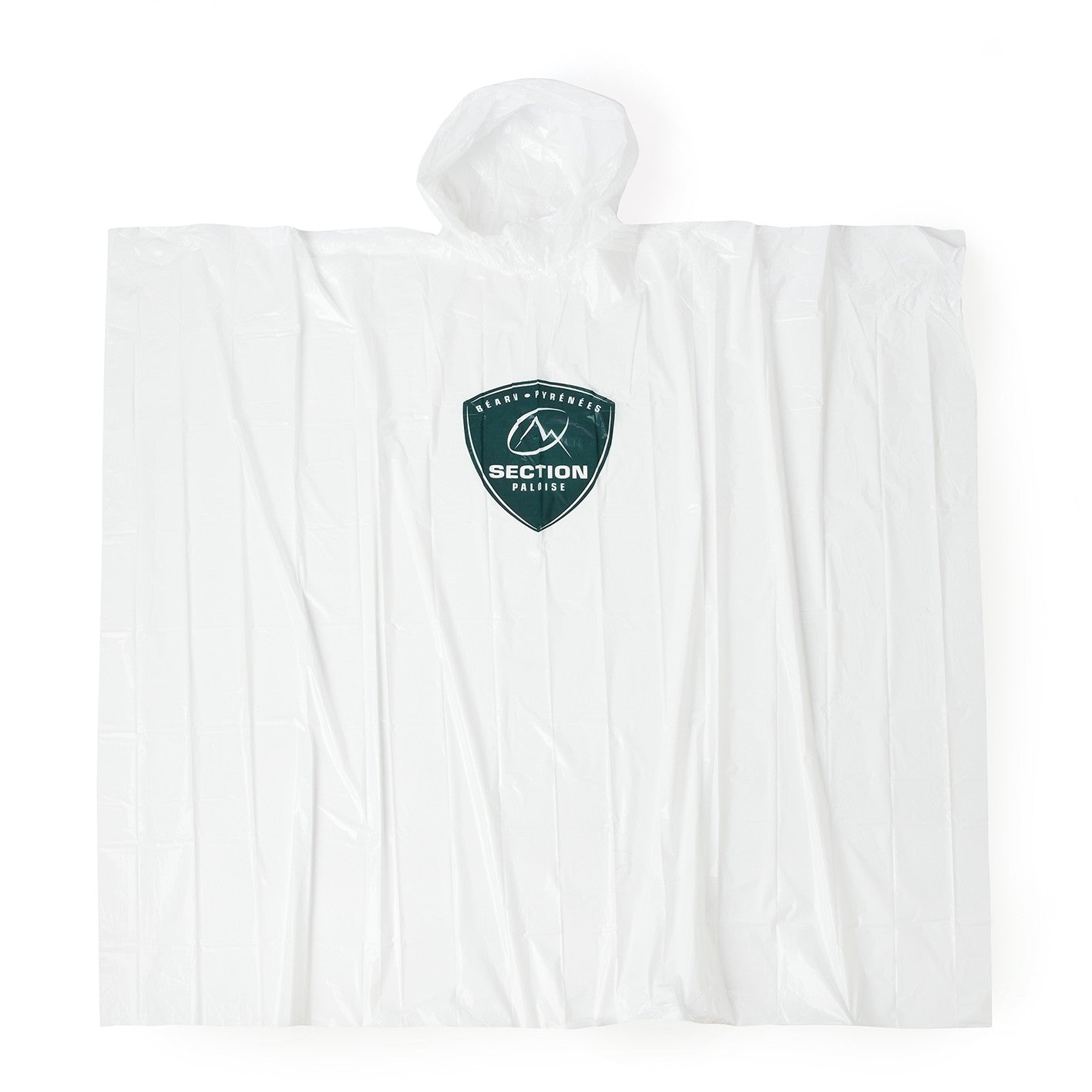 Vue rapprochée du logo Section Paloise sur le poncho transparent de pluie